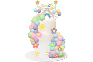 AUGISTEEN 39 Pcs Pastel Balls Cake Toppers Daisy Flower Cupcake Decoration Boho Rainbow Cake Topper with Happy Birthday Banner for 70s Groovy Hippie Party Supplies