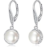POPLYKE 925 Sterling Silver 8mm Pearl Dangle Drop Earrings Moonstone Larimar Opal Rose Quartz Black Pearl Leverback Earrings for Women Christmas Gifts for Her