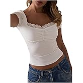 SOLY HUX Women's Lace Trim T Shirt Short Sleeve Square Neck Slim Fit Tee Y2k Going Out Summer Tops
