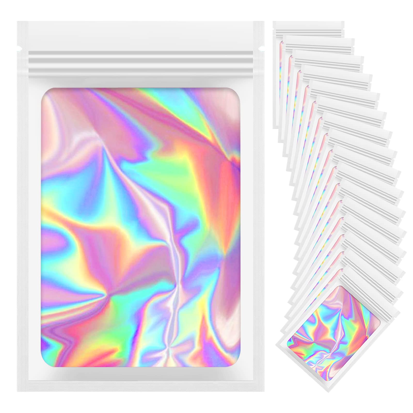 Photo 1 of 100 Pieces Resealable Mylar Bags, Small Holographic Packaging Bags, Smell Proof Mylar Bags for Food Storage/Jewelry/Eyelash for Small Business (White, 2.4x4 Inch)