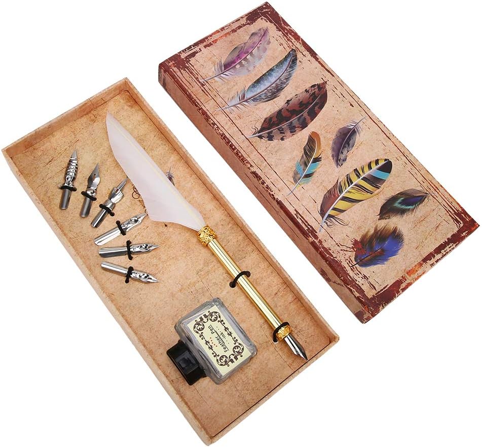 Fdit Vintage Feather Pen, Simple Metal Calligraphy Writing Quill Pen with Ink Pen Gift Box for Christmas Birthday (9.4in)