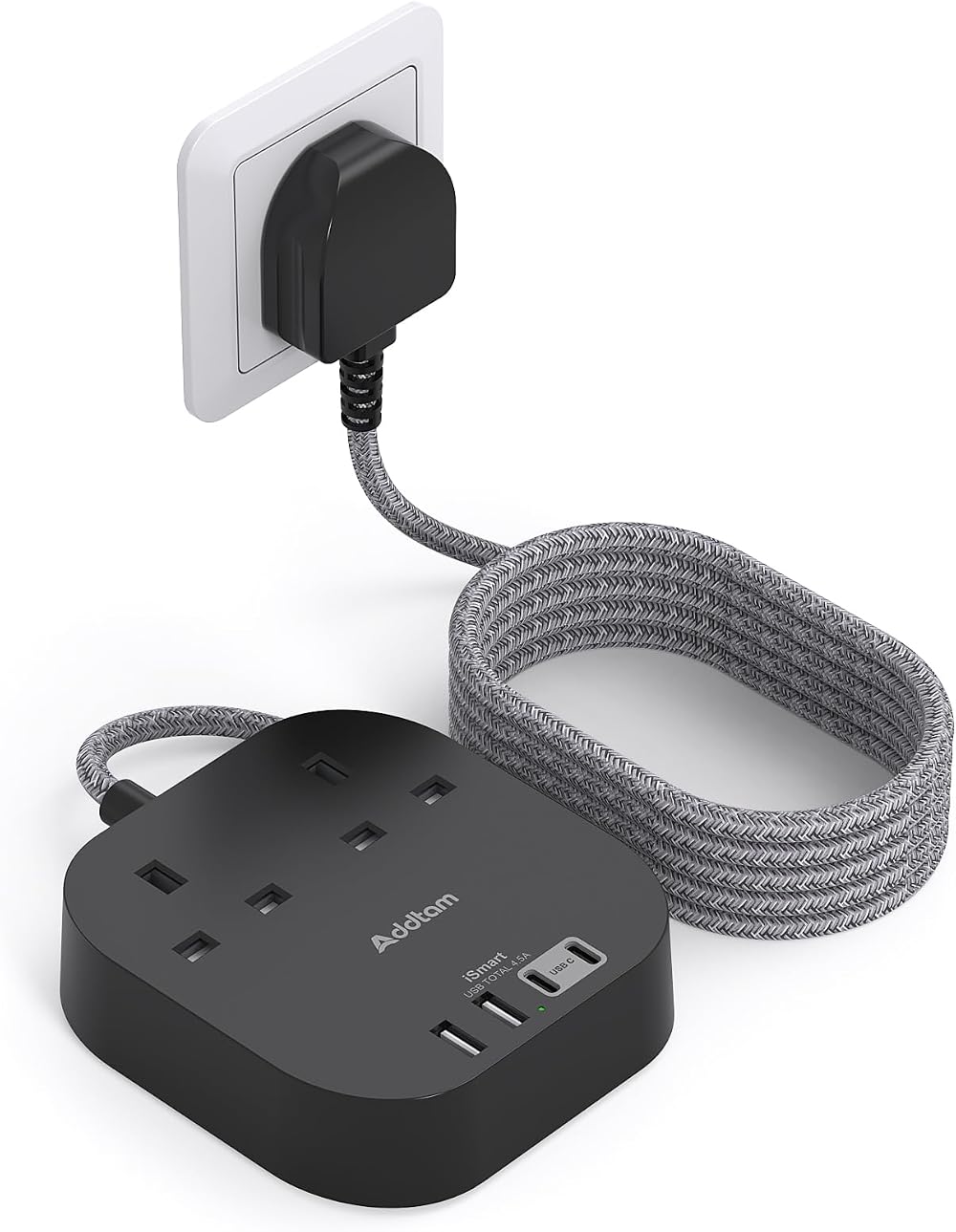 Addtam Extension Lead 2 AC Outlets 4 USB Ports 4.5A 1.6m Braided Cord