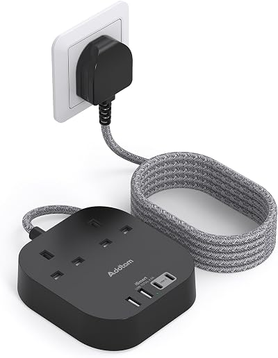 Addtam Extension Lead 2 AC Outlets 4 USB Ports 4.5A 1.6m Braided Cord
