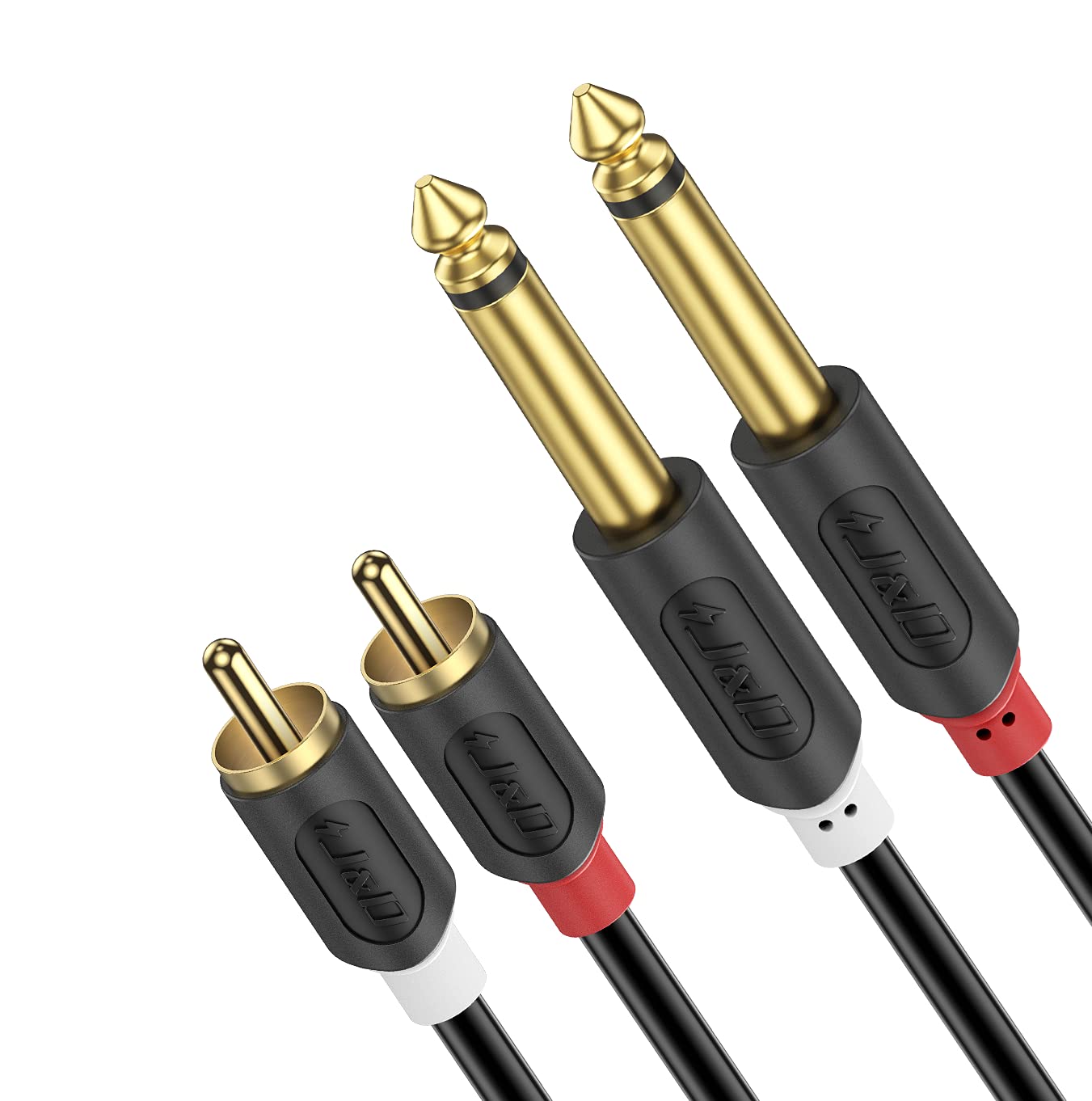 J&D Dual 1/4 inch TS to Dual RCA Stereo Audio Interconnect Cable, Gold Plated Audiowave Series 2 x 6.35 mm Male TS to 2 RCA Male PVC Shelled Adapter Cable, 9 Feet