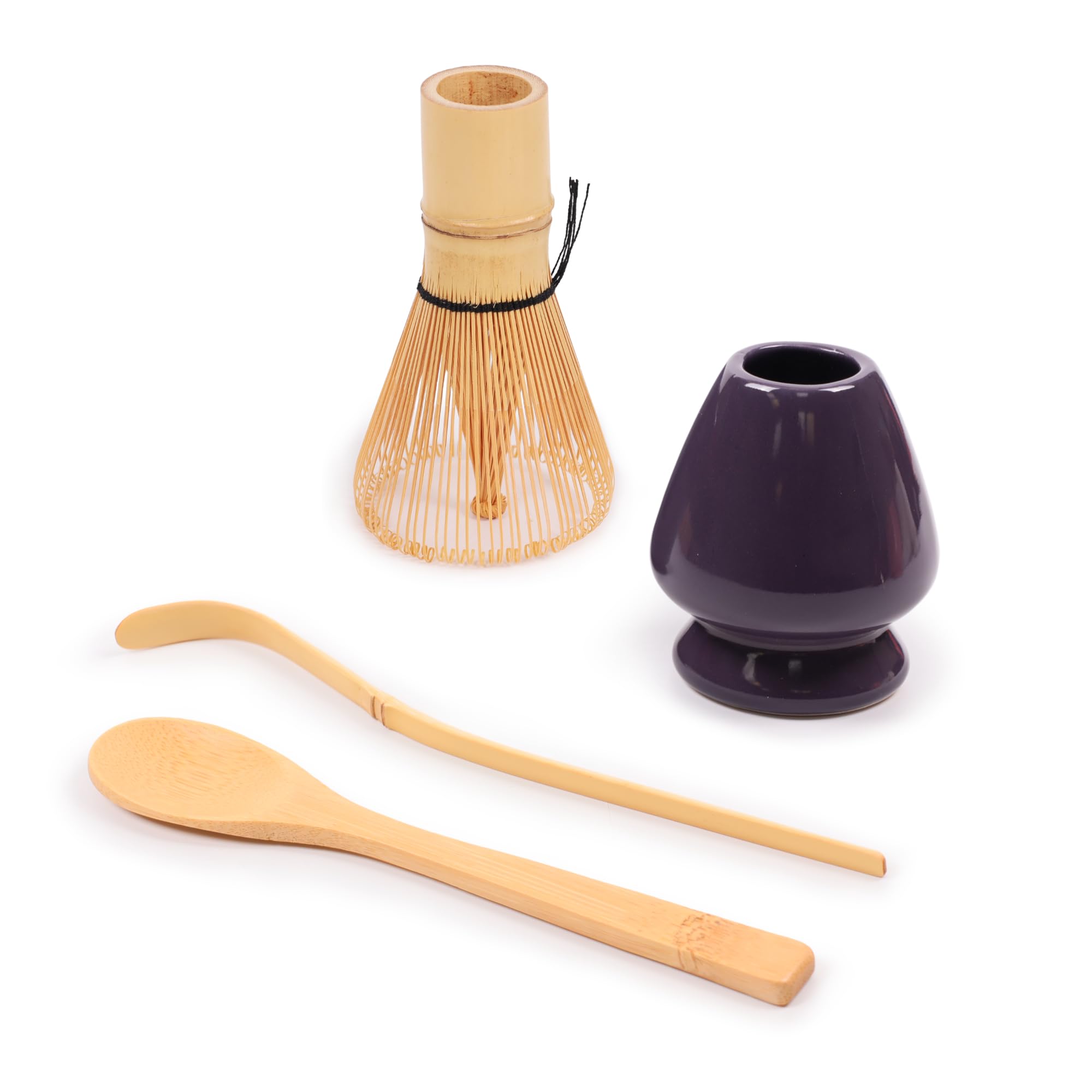 BambooMN Brand - Matcha Green Tea Whisk Set - Whisk + Scoop + Tea Spoon + Purple Whisk Holder