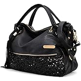 Segater Women's Leopard Print Black Purse Handbag Hobo Style Sequin PU Leather Shoulder Bag