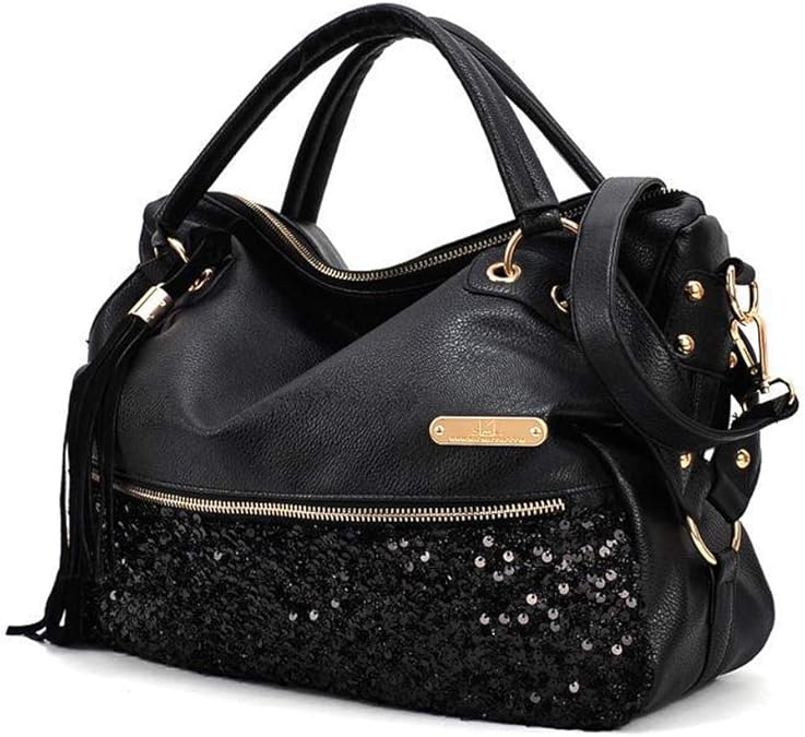 Segater Women's Leopard Print Black Purse Handbag Hobo Style Sequin PU