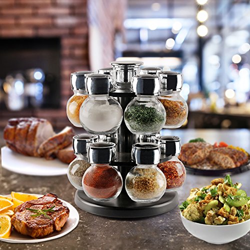 Rotating Herbs and Spices Rack with 12 Pieces 3.5 Ounces Round Glass Airtight Mason Jars - 2 Tiered Revolving Countertop Carousel Seasoning Storage Organizer