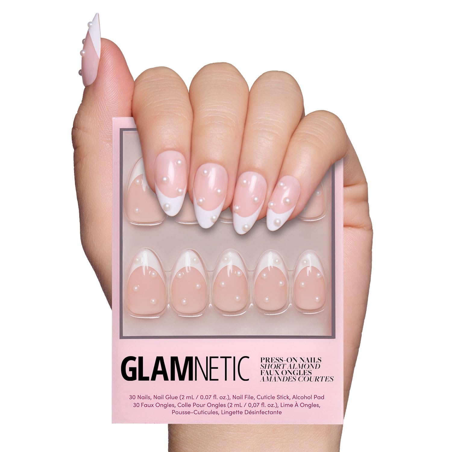 Photo 1 of Glamnetic Press On Nails - French Pearl | Glossy, Short Almond French Tip Nails with 3D Accents, Salon Quality | 15 Sizes - 30 Nail Kit with Glue