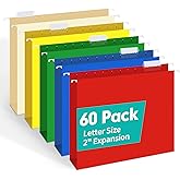 HERKKA Extra Capacity Hanging File Folders, 60 Pack Reinforced Letter Size Hanging Folders with Heavy Duty 2 Inch Expansion, Designed for Bulky Files, Medical Charts, Adjustable Tabs, Assorted Colors