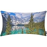 EKOBLA Moraine Lake Lumbar Pillow Cases Rocky Mountains Snow Forest Trees Park Scenery Pine Glacier Decorative Throw Pillow Cover Rectangle Cushion Covers Cotton Linen 12x20 Inch for Men Women