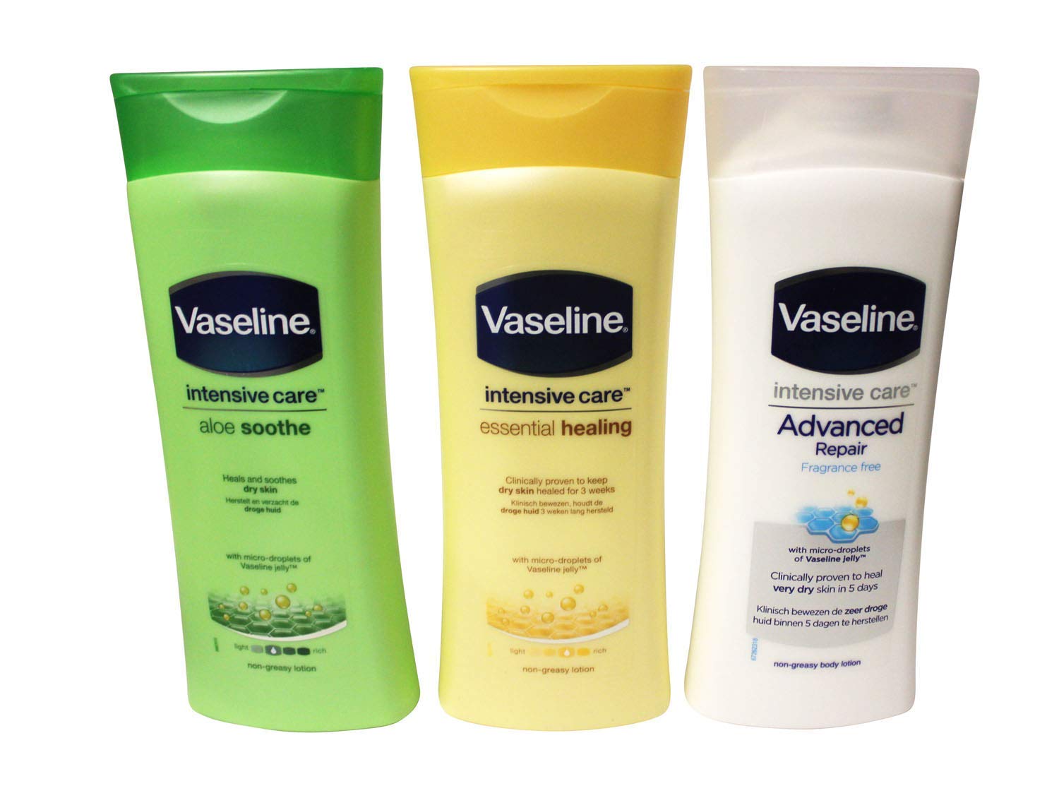 Vaseline Intensive Care Body Lotion Skin Care Bundle – 3 x 400ml – Aloe Soothe/Essential Healing/Advanced Repair