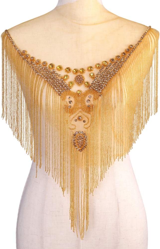 Rhinestone Bodice Applique, FANGZHIDI Gold Handmade Crystal Patch Tassel Fringe Style for Bridal Dress Embellishment