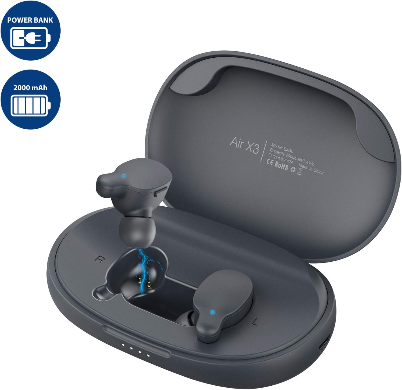 True Wireless Earbuds, RIVERSONG Air X3 Bluetooth 5.0 Earphones with 2000mAh Charging Case Microphone, 30H Playtime Noise Cancelling Waterproof for IOS Android Sport Work Out Gym