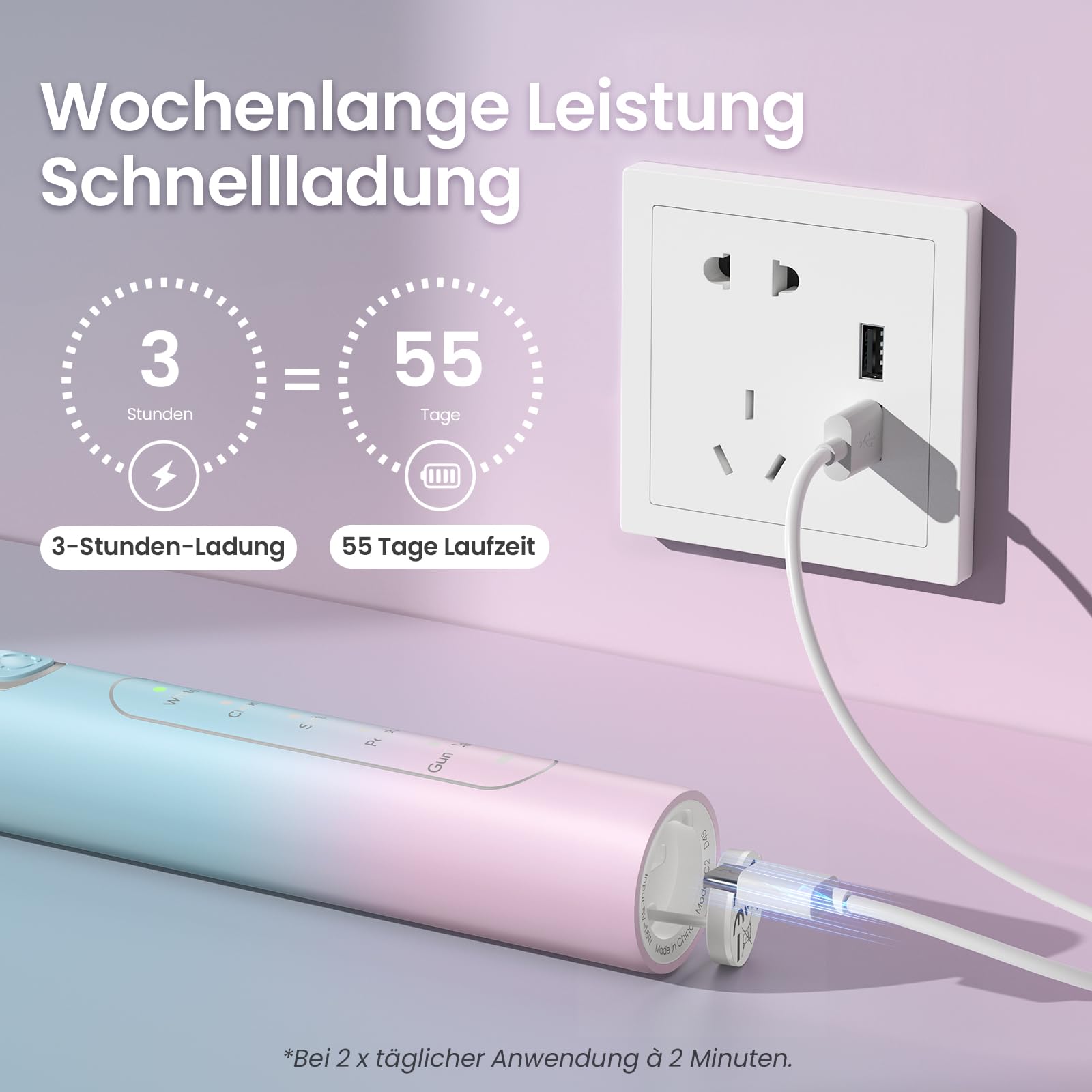 YUNCHI C2 Elektrische Zahnbürste mit 40000 VPM, Schallzahnbürste für Erwachsene, USB-C Ladung, 55 Tage Akkulaufzeit, 5 Putzmodi, 2-Min-Timer, 8 Bürstenköpfen, Reiseetui, Rosa und Hellblau Verlauf 4