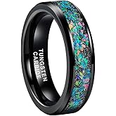 TUTISS 6mm 8mm Silver/Black Tungsten Rings for Men Women Couple Genuine Galaxy Opal Inlay Fashion Jewelry Engagement Wedding Bands Beveled Polished Shiny Comfort Fit