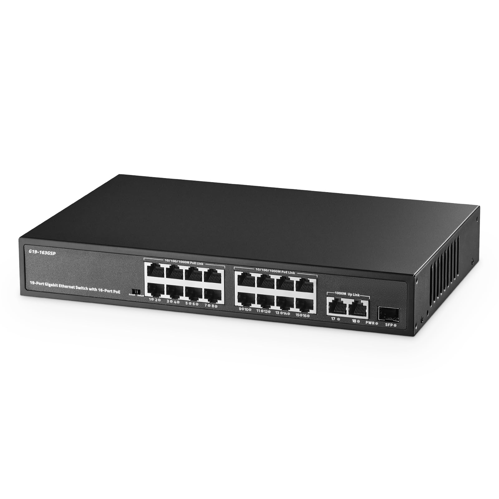 Binardat 19 Port Gigabit POE Switch, 16 POE+ Ports 1000Mbps, 2 Gigabit Uplink, 1 Gigabit SFP, IEEE802.3af/at, 300W Internal Power Supply, Metal Case Unmanaged Plug and Play