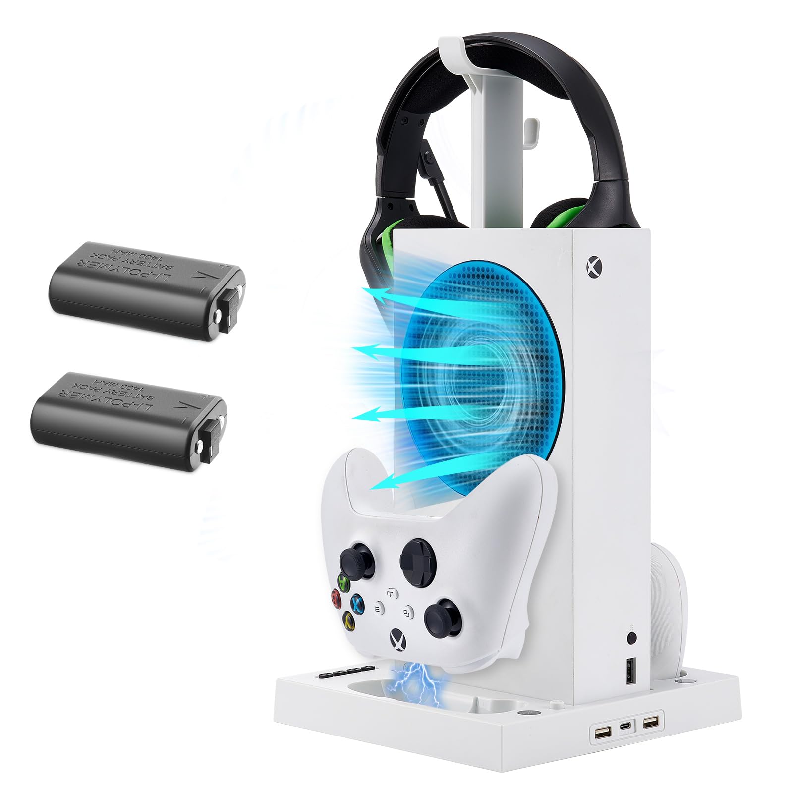 Lictin Cooling Fan Charging Station for Series S Console & Controller, Upgraded 2 Cooler Fan System Stand, Vertical Dual Charger Station Dock Accessories with 2 x 1400mAh Rechargeable Battery