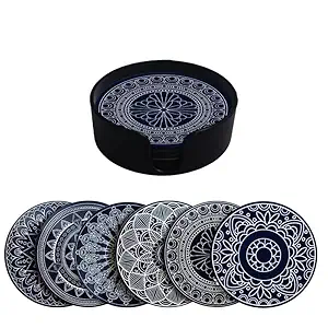 Clawcrafts Mandala Design Coasters with Tray Coaster Set Fit for Tea Cups Coffee Mugs Glasses | Home Decor | Set of 6 Durable and Long Lasting Premium Finish Mandala (Blue Coasters)