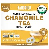 HANDPICK Organic Chamomile Tea (100 Tea Bags) Pure Floral Chamomile Tea | Soothing Flavor |Caffeine Free, Non GMO| Premium Herbal Tea in Eco-Conscious Teabags | Direct from Source | Enjoy Hot or Iced