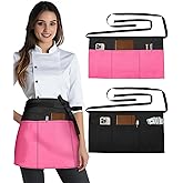 Slohif Reversible Server Apron 6 Pockets - Waist Apron for Waitress Women Half Serving Short Apron for Waiter