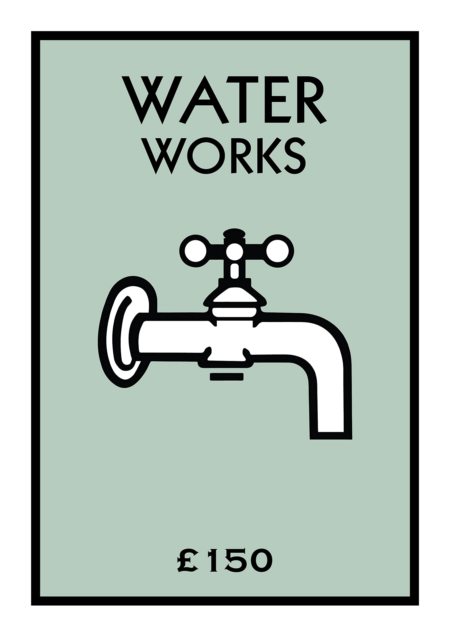 Hewson's Gifts Water Works Monopoly Style Bathroom Print, Wall Art, Kitchen Poster, New Home Decor, Wall Art, Gallery Wall, A4 A3 A2 Personalised Gift Housewarming New Home (Sage Green, A3 Unframed)