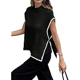 Verdusa Women's Old Money Sweater Tie Knot Slit Sweater Vest Mock Neck Cap Sleeve Lightweight Knit Tops