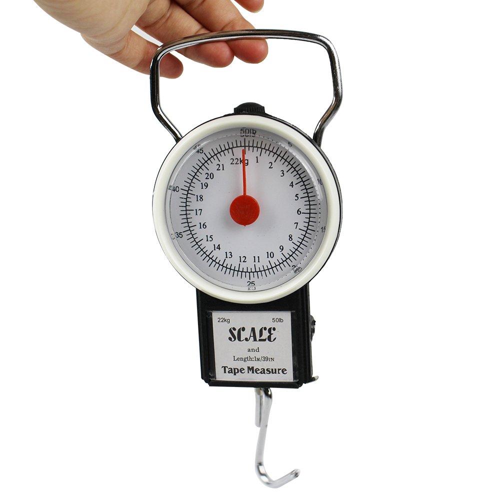 50LB Mechanical Hanging Fish Scale with 1M Tape Measure,Multi-Function Portable Luggage Fishing Hook Scale with Tape Measure