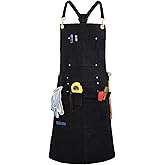 QeeLink Woodworking Shop Apron with 10 Pockets FR Waxed Canvas Work Apron - Flame Retardant - Adjustable M to XXXL for Men & Women, Black