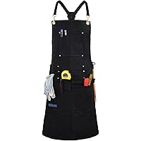 QeeLink Flame resistant Waxed Canvas Work Apron with 10 Pockets, Cross-Back Straps & Adjustable M to XXXL Welding Apron, Blac
