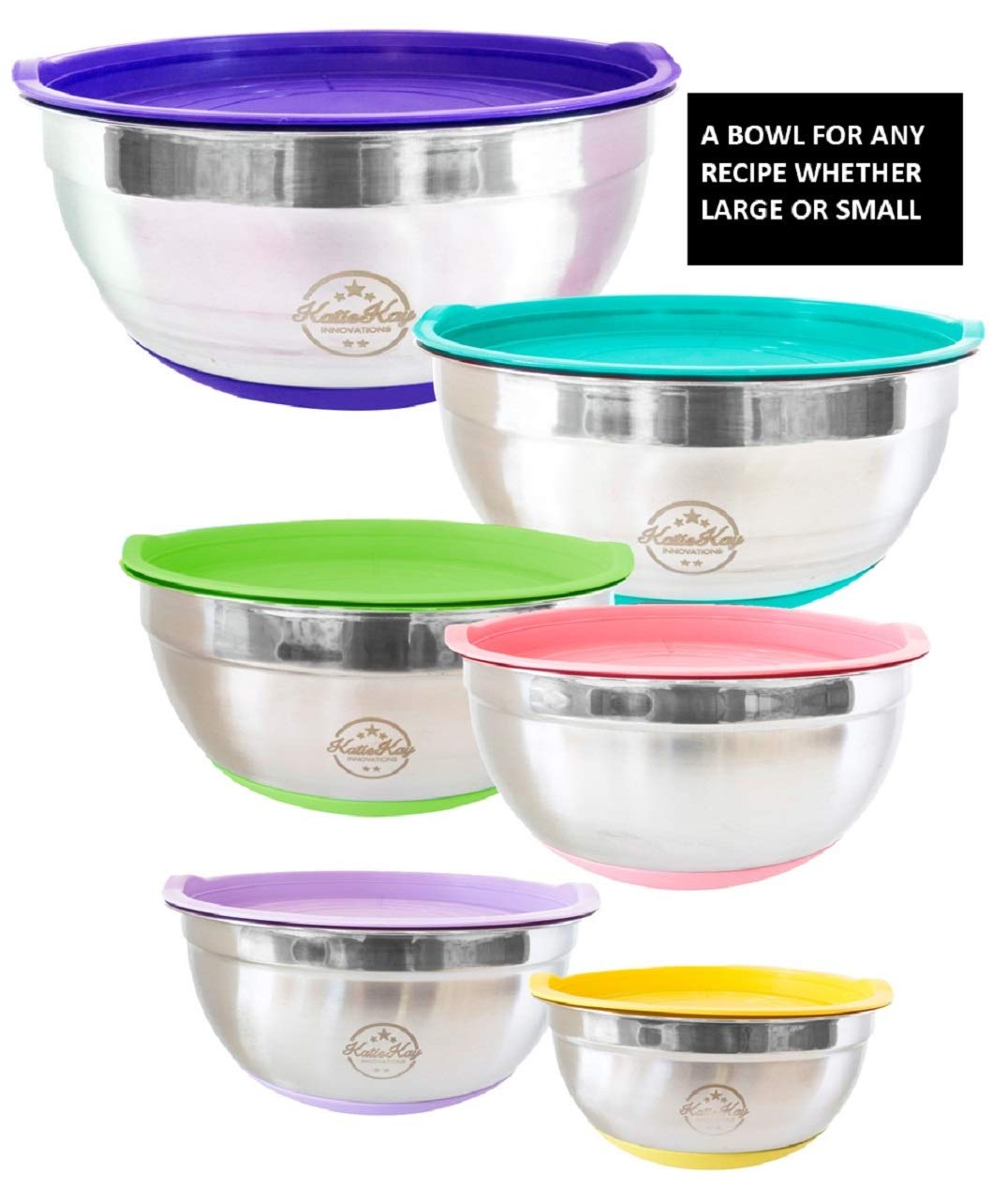 KatieKay Mixing Bowls with Lids Set of 6 Stainless Steel Mixing Bowls