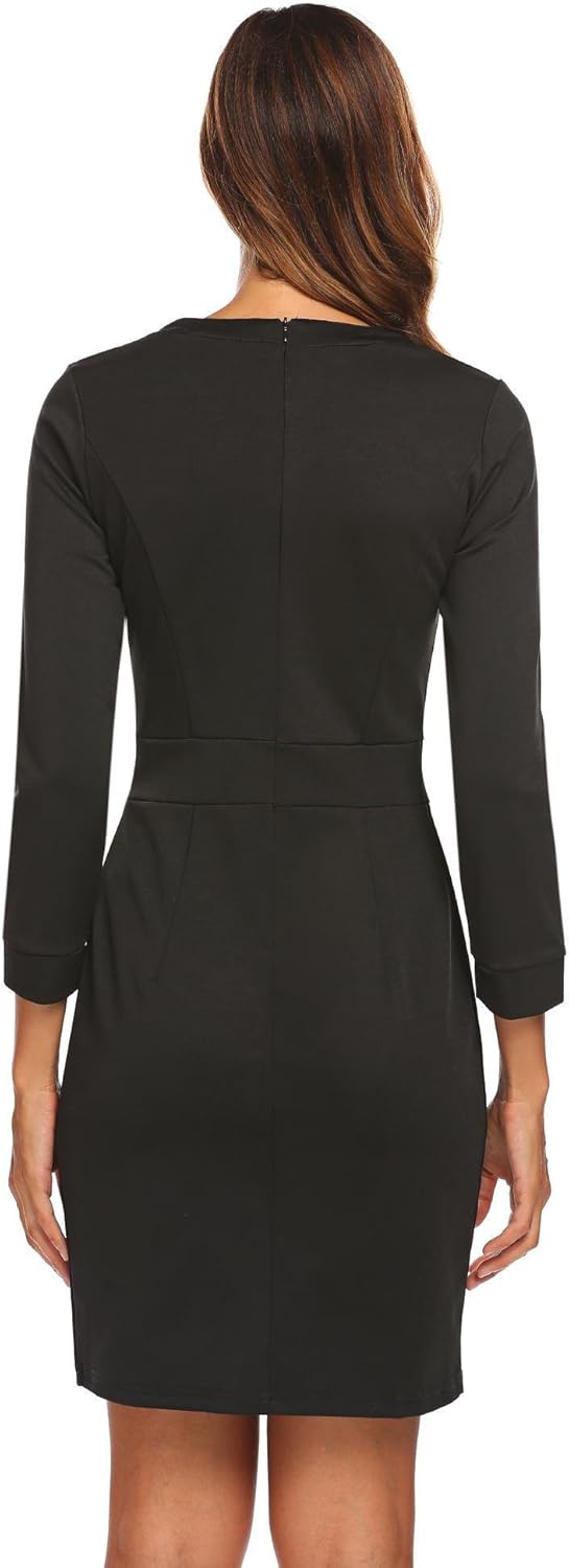 Modfine Damen Etuikleid Langarm mit V-Ausschnitt Kontrast Kleid Figurbetontes Kleid Stretch Business Kleid Abendkleid Slim Fit Kurz