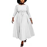 Hostoyo Women Plus Size Formal A Line Maxi Dress Self Tie Waist with Pockets Elegant Round Neck Swing Long Dresses
