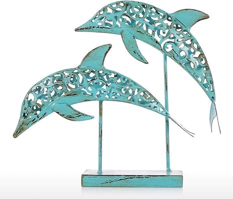 Amazon Jjzst 金属彫刻2つの青いイルカ鉄手作りの彫像のデザイン彫像の装飾海洋生物レトロ効果家の装飾 置物 オブジェ オンライン通販