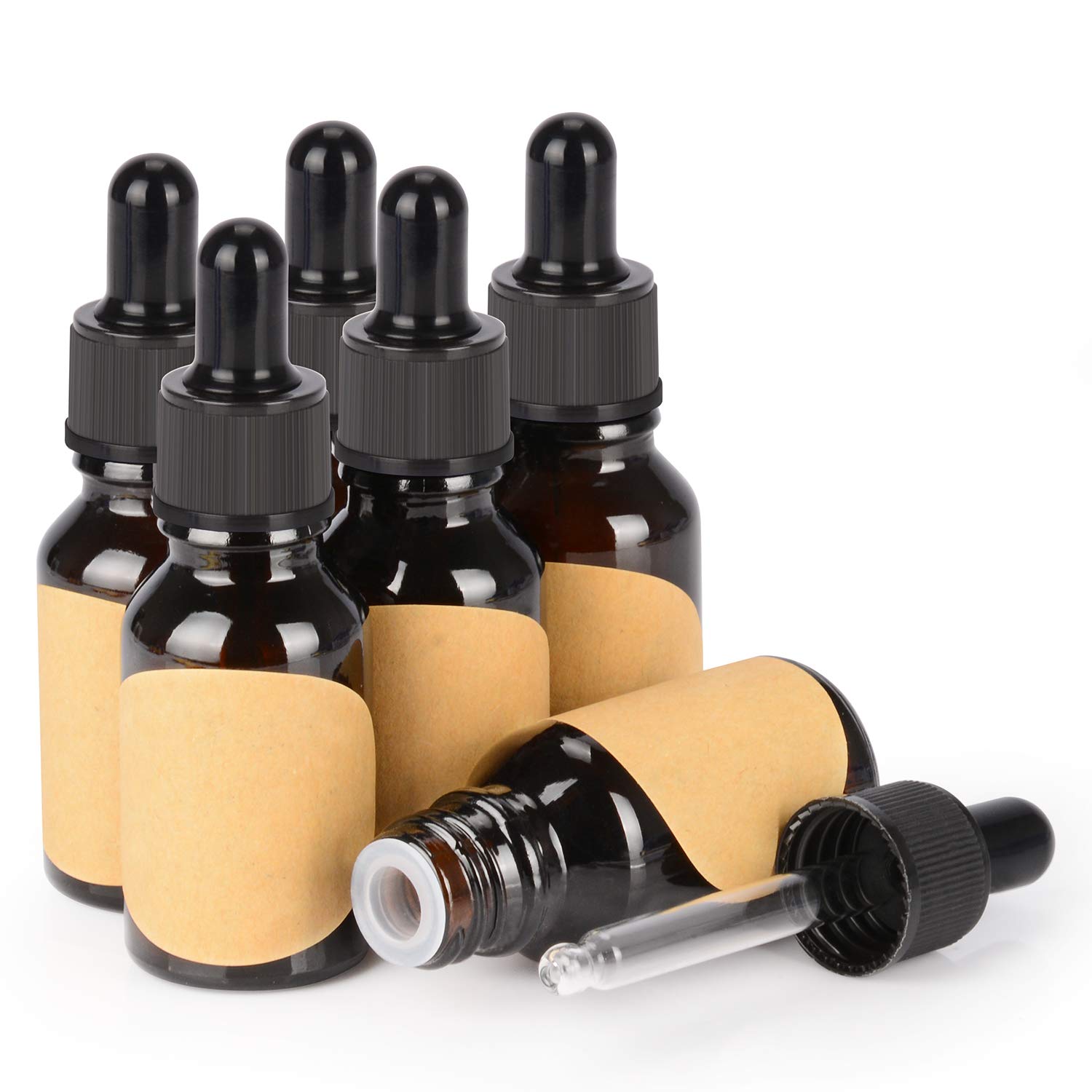 stonylab 15 ml 6-Pack Glass Dropper Bottle, Brown Empty Bottle with Glass Dropper, Inner Plug and Label for Laboratory Solutions