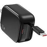 Amasuki 2-in-1 Retractable Wall Charger Plug with USB C Port and 27in/70cm Type C Cable,Travel Essentials 30W Fast Charging Foldable Block for iPhone 17/16/15/,iPad,Galaxy,Pixel-Black