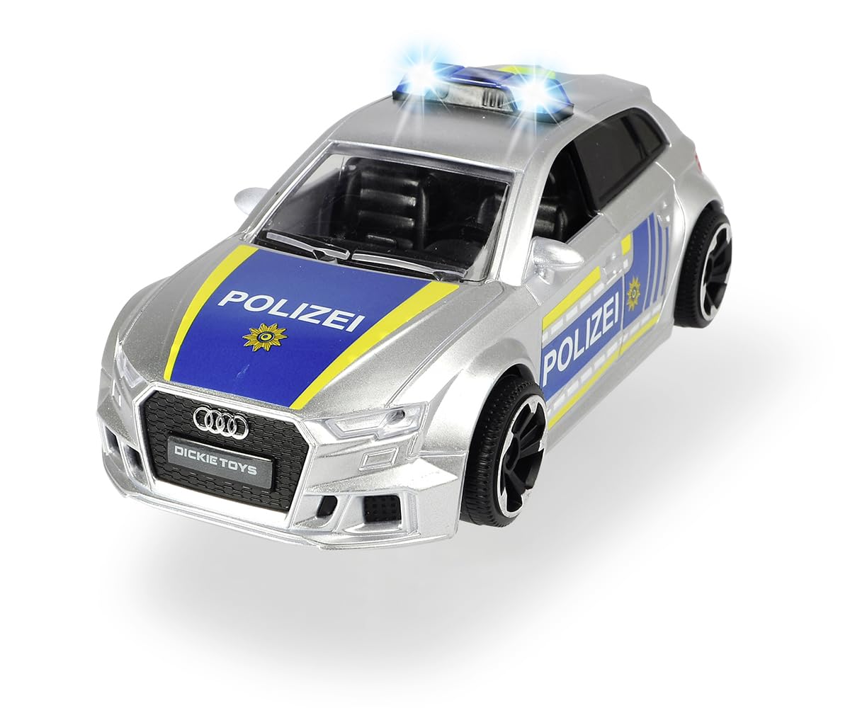 Dickie Toys Audi RS3 Police Car with Road Lock and Pylons, Light and Sound, Friction Drive, for Children from 3 Years, Silver, Blue, 15 cm