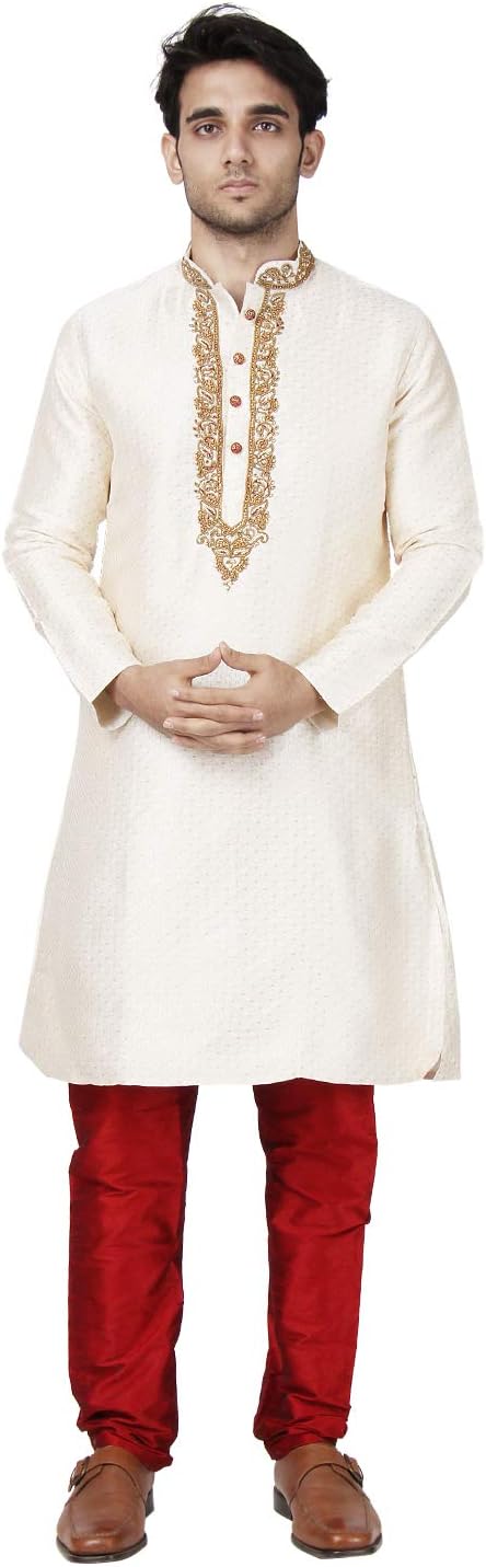 Maharaja Mens Jacquard Silk Embroidered Sherwani Kurta Pyjama Set for Weddings and Festivals in Ivory in 2 Varients
