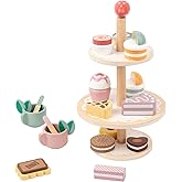 Wooden Dessert Cake Tea Party Set for Little Girls Toys, Pretend Play Kids Tea Set for Toddlers Wood Toys, Wooden Play Food Kitchen Accessories Sets for Kids (Dessert Tea)