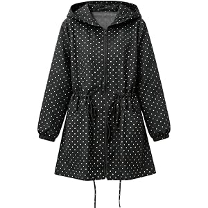 Women's Polka Dot Hooded Drawstring Mid Length Rain Jacket