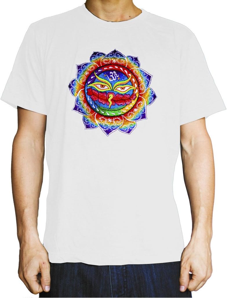 ImZauberwald T-Shirt 3ö Buddha Eyes (Blacklight Active, with Flower of Life Embroidery on Backside) goa Shirt Psychedelic Lotus Rainbow Fractal Mandala