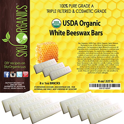 Organic White Beeswax Bars by Sky Organics (8x1oz bars) -Superior Quality Pure Bees Wax No Toxic Pesticides or Chemicals - 3x Filtered, Easy Melt Bricks- For DIY, Candles, Skin Care, Lip Balm Bees Wax