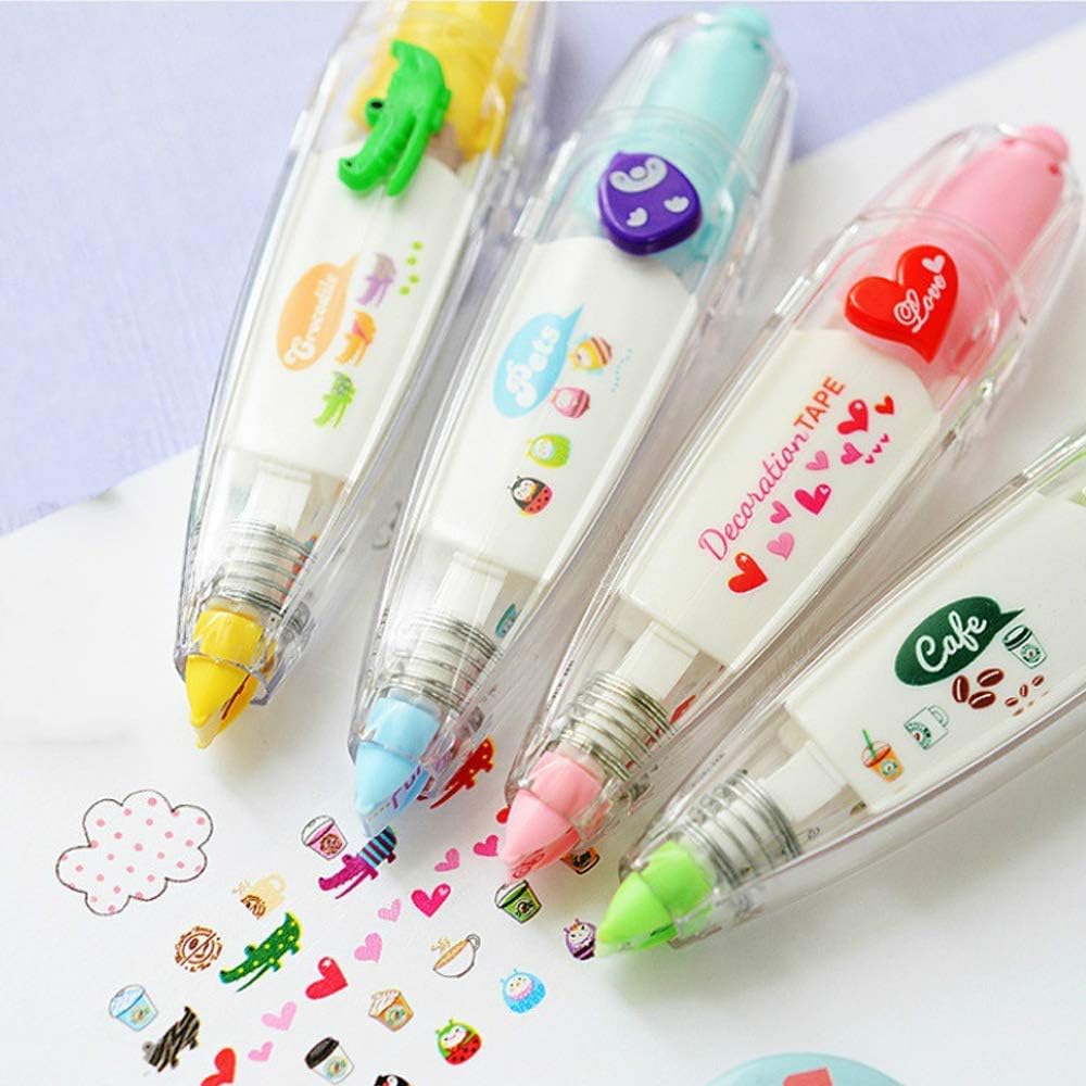 Roller Correction Tape Sticker Machines,Plus Corporation Decoration Rush Tape Pen，Novelty Cute Cartoon Stationery Masking Tape DIY Scrapbooking Stickers Diary Decor Tape (4PCS/Pack)