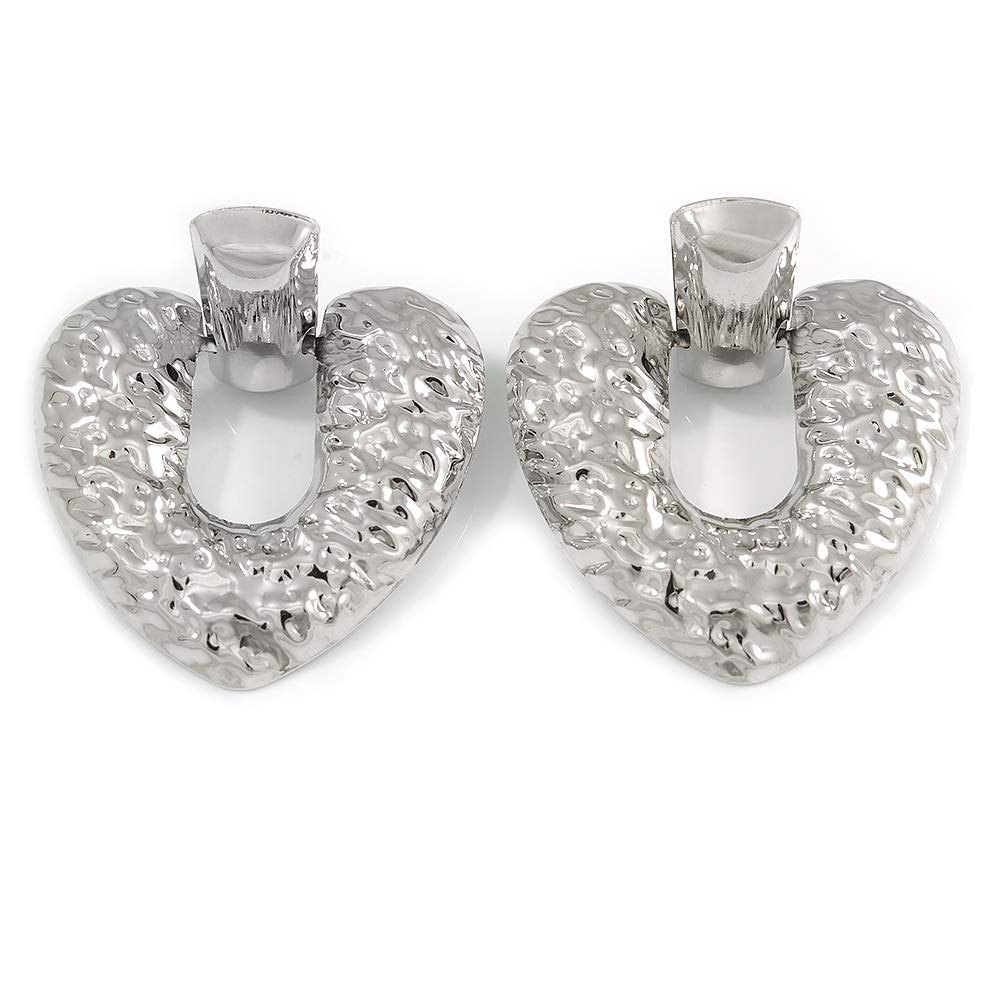 Large Hammered Heart Drop Clip On Earrings/Silver Tone/60mm L