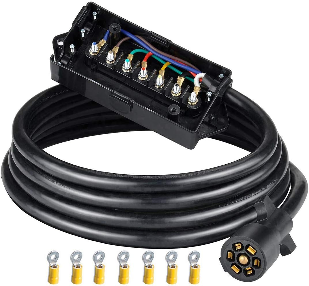 AutoSonic 7 Way Trailer Plug Cord RV-style Trailer Connector Heavy Duty Cable with Junction Box Wiring, 8FT Long, Life Time Warranty