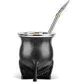Cuopru Ceramic Liner Yerba Mate Cup Argentina Gourd with Mate Bombilla Straw, Cleaning Brush (Black)