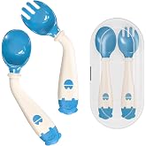 Deejoy Baby Spoons and Forks Self-feeding Flatware Set withTravel Case-Blue | Toddler Utensils with Silicone Bendable Handle, Easy Grip Heat-Resistant, Ideal for Kids, Stage 2