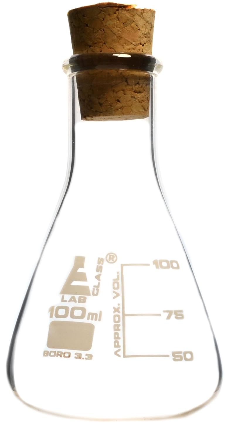 100mL Borosilicate Glass Flask with Cork Stopper, Eisco Labs Amazon