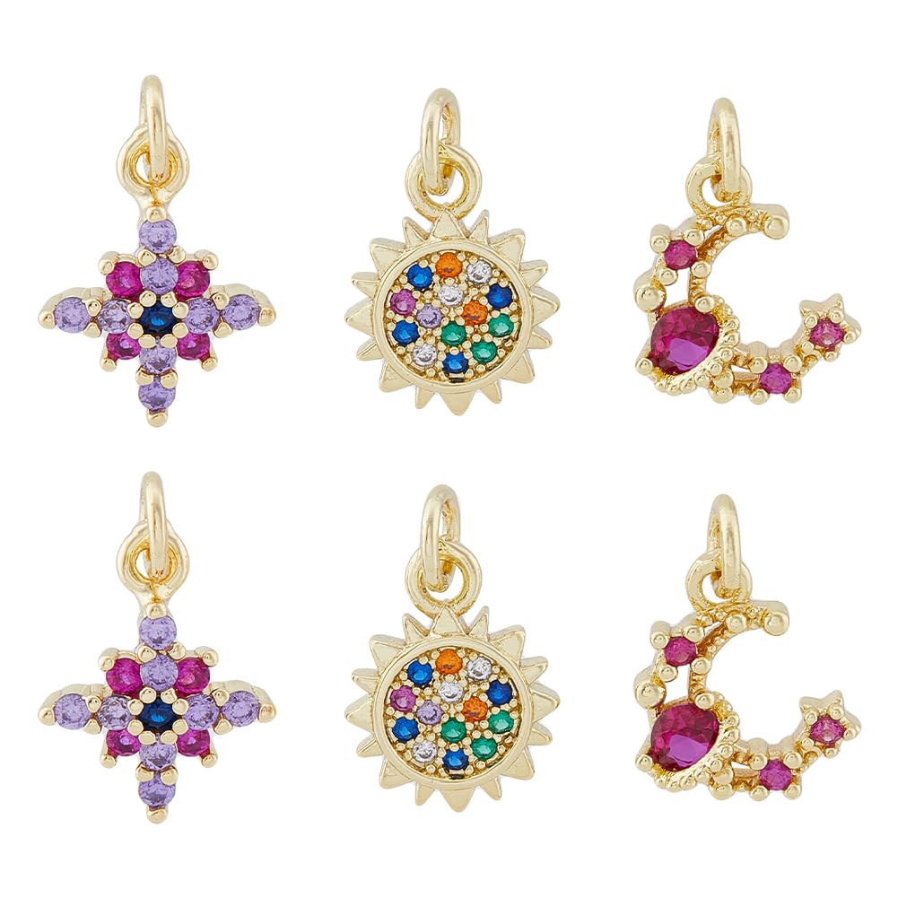 DICOSMETIC 6Pcs Rhinestone Celestial Charms Colorful Moon Star Pendants Inspired Sun Charms CZ Stone Charms 18K Gold Plated Brass Micro Pave Charms for Jewelry Making, Hole: 3.2mm
