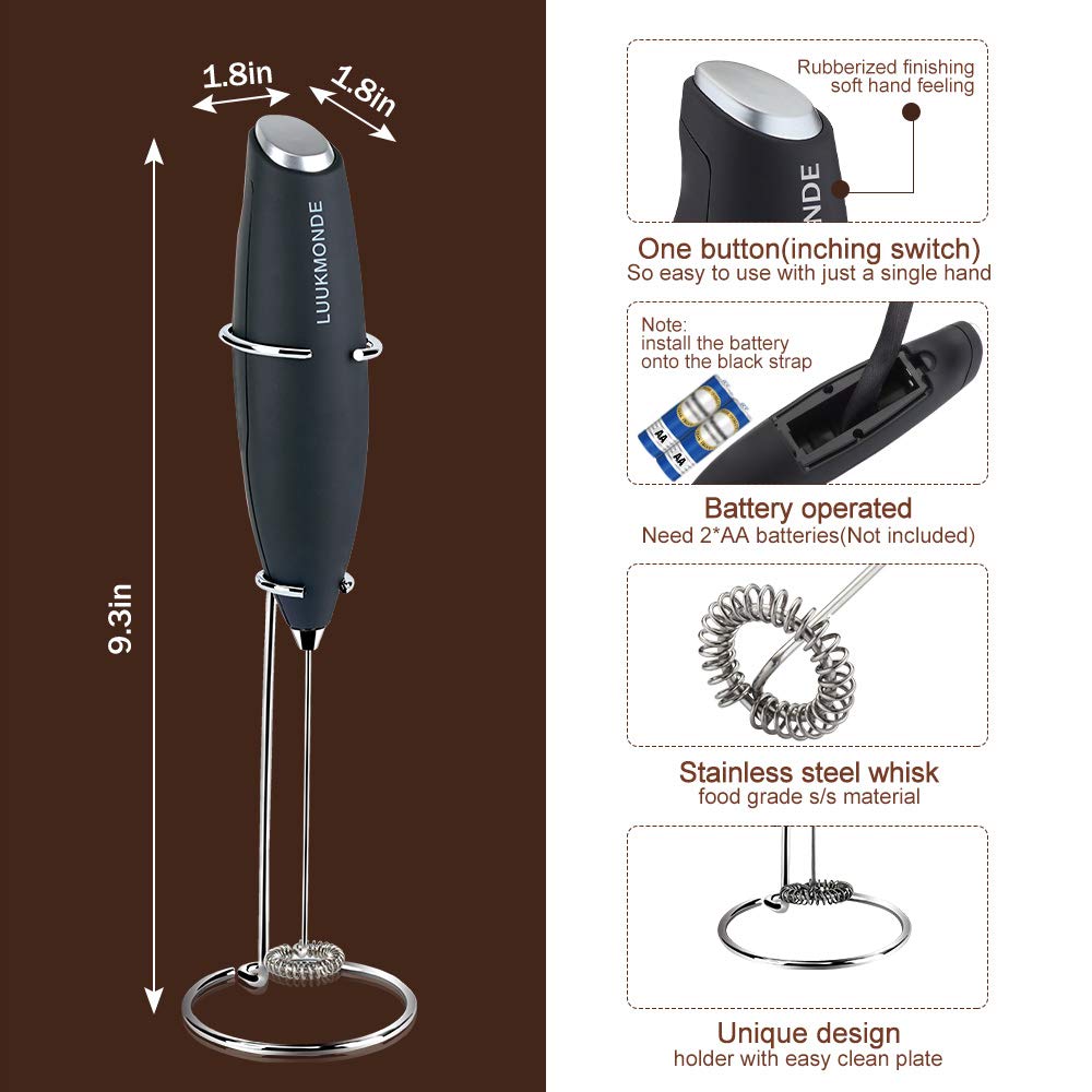 Milk Frother Electric Handheld Milk Steamer Coffee Stirrer Foam Maker Automatic Powerful Drink Mixer Stainless Steel Whisk & Enhanced Stand Ideal for Latte Cappuccino Hot Chocolate by LUUKMONDE(Black)